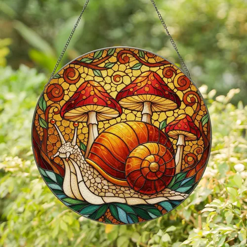 Snail with Amber Shell, Red Toadstools, Tiffany Style Stained Glass Forest Mosaic Gift Stained Glass Suncatcher