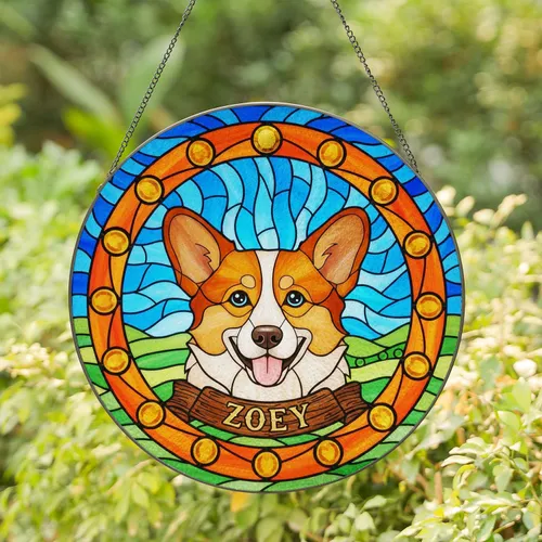 Corgi Dog Stained Glass Zoey Name Art - Tiffany Style Jewel Tones Blue Green Orange Stained Glass Suncatcher