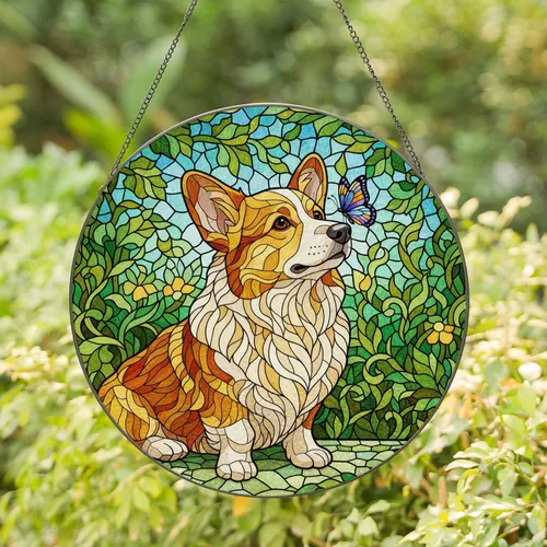 Corgi Dog Butterfly Stained Glass Mosaic - Intricate Jewel Tone Tiffany Art & Greenery Stained Glass Suncatcher