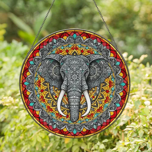 Ornate Elephant Head Mandala Stained Glass Tiffany Jewel Tone Art Mosaic Detailed Pattern Stained Glass Suncatcher