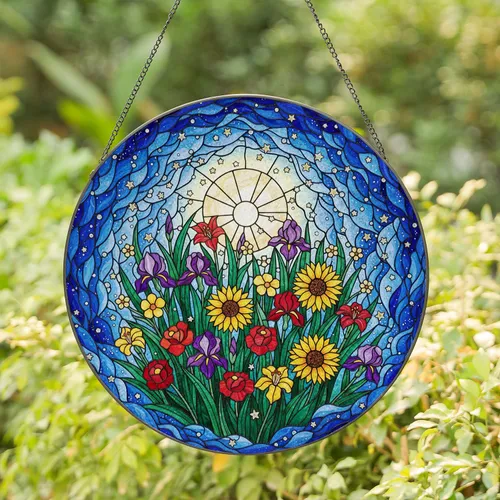 Tiffany Stained Glass Blooming Flowers Full Moon Night Sky Mosaic - Wall Decor Gift Stained Glass Suncatcher