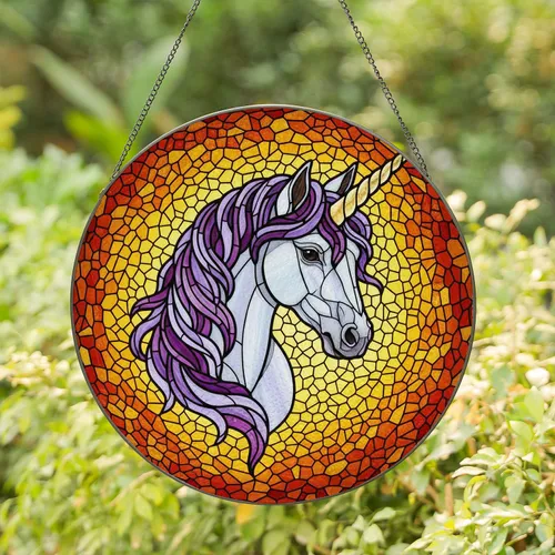 Majestic Unicorn Head Golden Horn Purple Mane Tiffany Stained Glass Mosaic Art Stained Glass Suncatcher