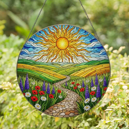 Vibrant Tiffany Stained Glass Radiant Sun Wildflowers Poppies Rolling Hills Mosaic Stained Glass Suncatcher