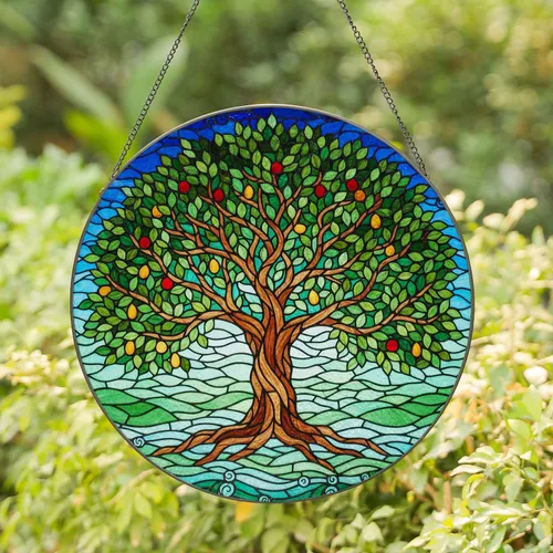 Glowing Jewel Tone Tree of Life Stained Glass Mosaic - Tiffany Home Window Art Stained Glass Suncatcher