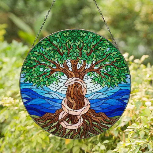 Stained Glass Tree of Life Serpent Blue Water Sky Root System Tiffany Art Stained Glass Suncatcher