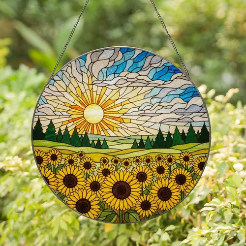 Sunflower Field Stained Glass Window Art - Radiant Sun Hills Trees Sky Home Decor Stained Glass Suncatcher