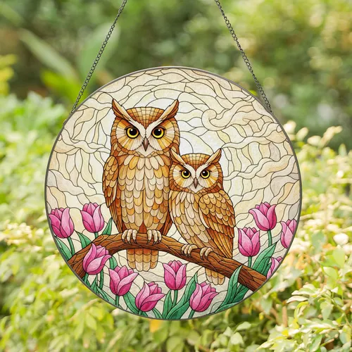 Detailed Short-Eared Owls Pink Tulips Gnarled Branch Tiffany Stained Glass Mosaic Stained Glass Suncatcher