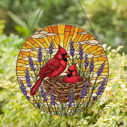 Red Cardinals Bird Nest Lavender Flowers Sunrise Sunset Sky - Stained Glass Window Art Stained Glass Suncatcher