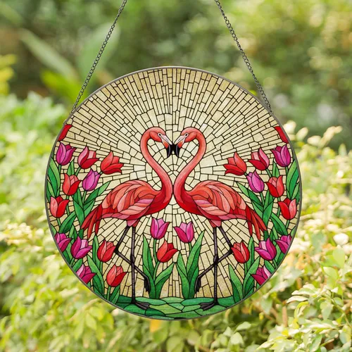 Flamingo Tulip Stained Glass Mosaic - Jewel Tone Garden Shattered Glass Stained Glass Suncatcher