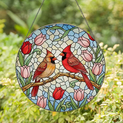 Highly Detailed Male Female Cardinal Stained Glass Red Tulips - Tiffany Window Art Stained Glass Suncatcher