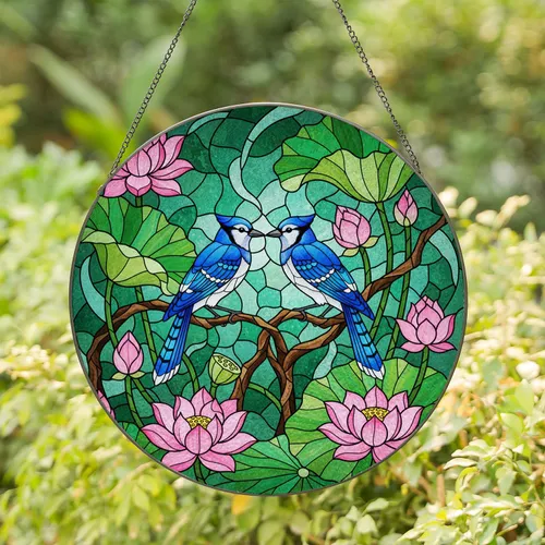 Blue Jays Pink Lotus Stained Glass Art, Tiffany Mosaic, Intertwined Branches Teal Background Stained Glass Suncatcher