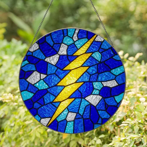 Jagged Lightning Bolt Stained Glass Mosaic - Tiffany Jewel Tones Blue Water Ice Art Stained Glass Suncatcher