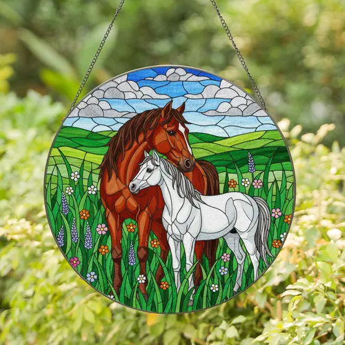 Chestnut Brown & White Horses Tiffany Style Glass - Wildflower Green Hills Mosaic Art Stained Glass Suncatcher