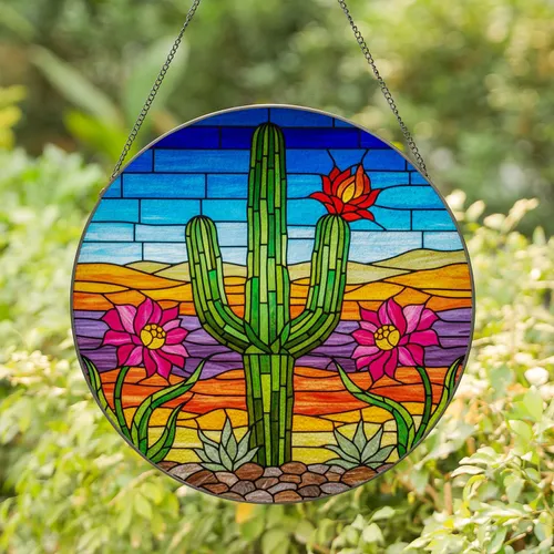 Saguaro Cactus & Desert Flowers Tiffany Stained Glass Jewel Tones Mosaic Suncatcher Art Stained Glass Suncatcher