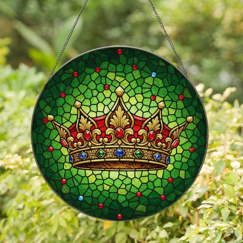 Golden Royal Crown Jewels, Rubies Emeralds Sapphires - Tiffany Glass Green Mosaic Art Stained Glass Suncatcher