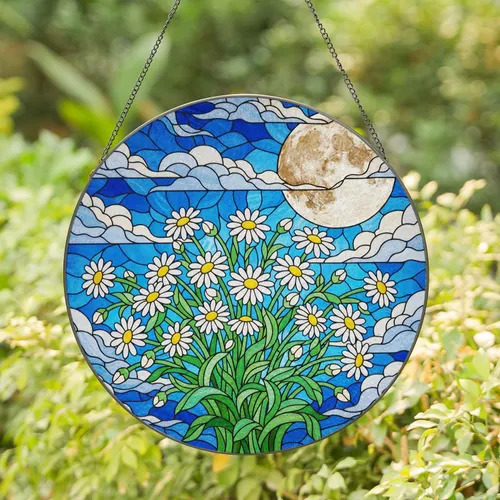 White Daisy Flowers Full Moon Stained Glass Wavy Clouds - Intricate Mosaic Sky Tiffany Style Stained Glass Suncatcher