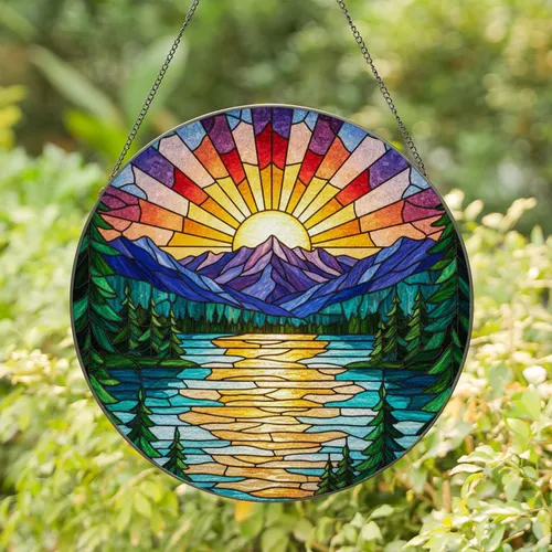 Stained Glass Sunset Mountain Lake Reflections - Pine Forest Twilight Sky Home Decor Art Stained Glass Suncatcher