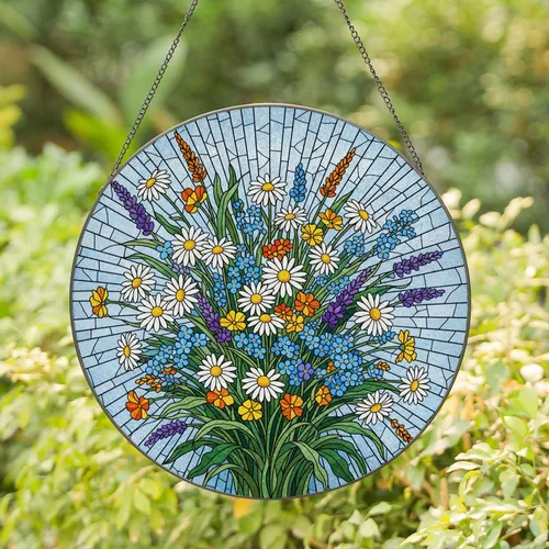 Stained Glass Wildflower Bouquet Daisy Forget-Me-Not Lavender Tiffany Style Home Decor Gift Stained Glass Suncatcher
