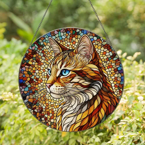 Majestic Cat Head Stained Glass Mosaic Art, Piercing Blue Eyes, Tiffany Jewel Tones Stained Glass Suncatcher