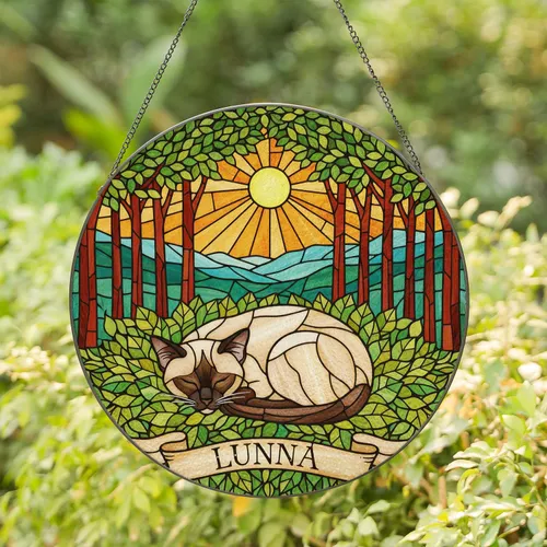 Sleeping Siamese Cat Forest Mosaic Art, Tiffany Style Jewel Tones, Lunna Name Banner Stained Glass Suncatcher