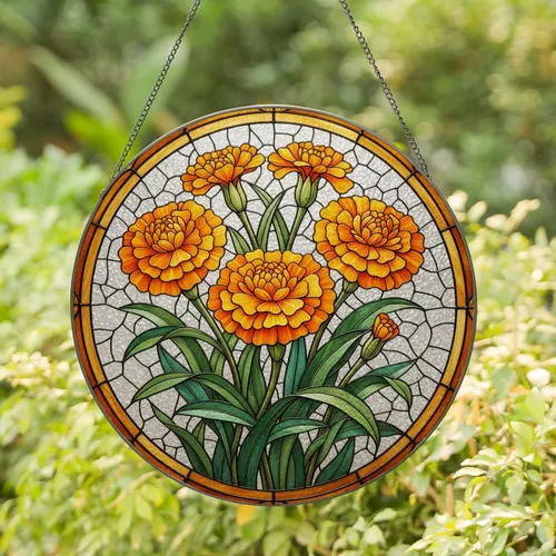 Highly Detailed Stained Glass Marigold Flowers Tiffany Mosaic Orange Yellow Jewel Tones Stained Glass Suncatcher