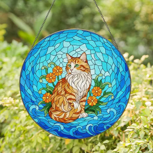 Orange Tabby White Cat Stained Glass Seascape Art - Tiffany Mosaic Jewel Tone Ocean Stained Glass Suncatcher