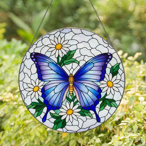 Blue Purple Butterfly Stained Glass Daisy Flowers - Tiffany Mosaic Iridescent Art Decor Stained Glass Suncatcher
