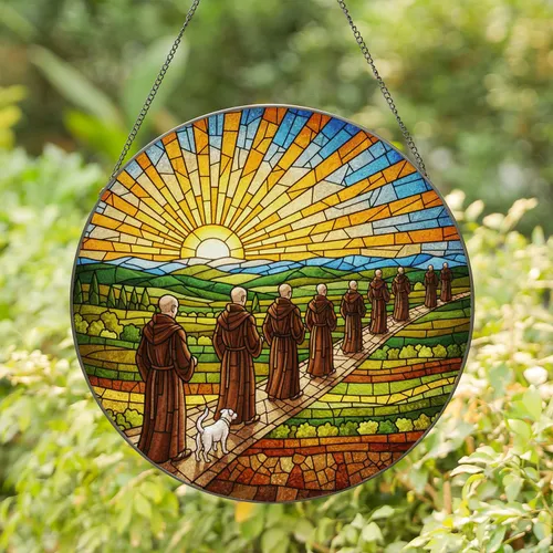 Bald Monks Pilgrims Winding Path, Stained Glass Tiffany Style Sunrise Sunset Dog Art Stained Glass Suncatcher