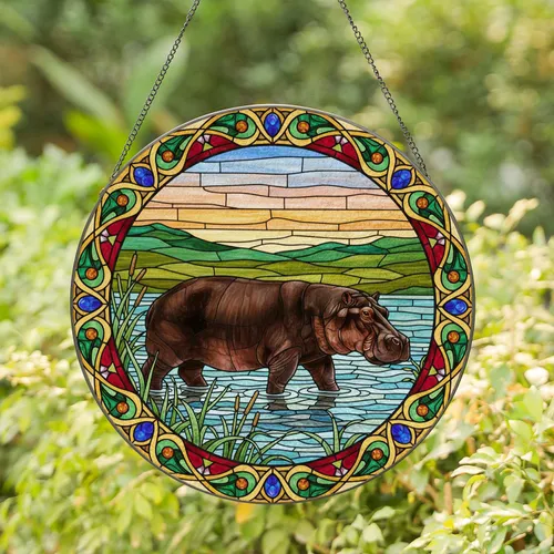 Detailed Tiffany Style Stained Glass Hippopotamus Walking in Water - Jewel Tone Mosaic Stained Glass Suncatcher