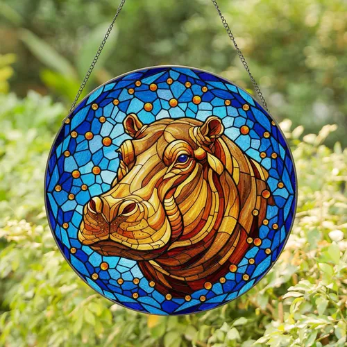 Majestic Hippopotamus Head Stained Glass Mosaic Art - Jewel Tone Wildlife Decor Gift Stained Glass Suncatcher