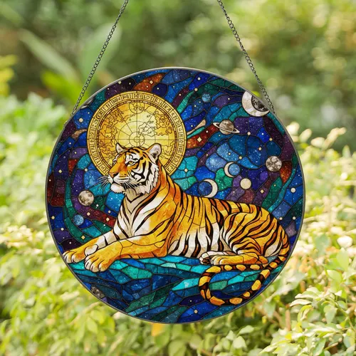 Majestic Tiger Stained Glass Mosaic - Cosmic Night Sky Tiffany Style Wildlife Gift Stained Glass Suncatcher