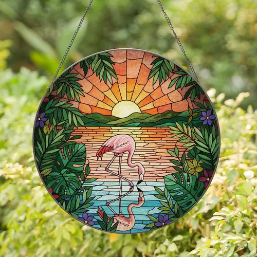 Pink Flamingo Tropical Sunset Stained Glass Mosaic - Tiffany Style Palm Leaf Home Decor Stained Glass Suncatcher