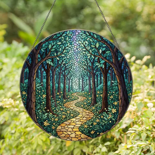 Stained Glass Glowing Stone Path Enchanted Forest Artwork - Deep Woodland Fireflies Stained Glass Suncatcher