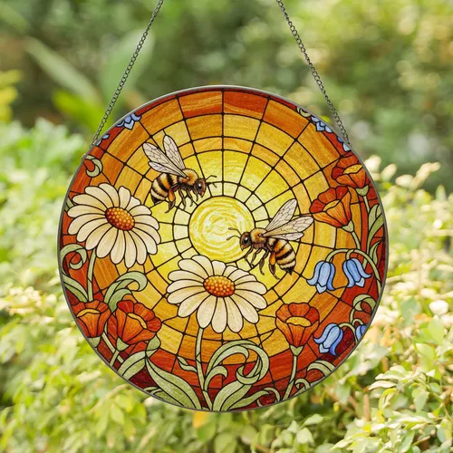 Busy Honeybee Wildflowers Mosaic Golden Sun Disc - Tiffany Jewel Tone Stained Glass Stained Glass Suncatcher