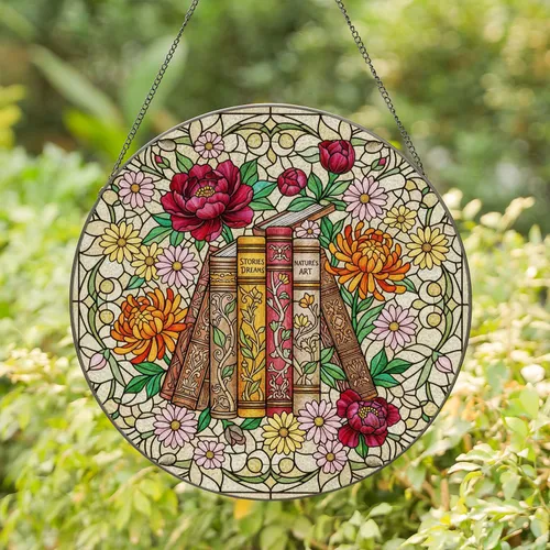 Intricate Book Spines Blooming Flowers Tiffany Stained Glass Art Colorful Jewel Tones Mosaic Stained Glass Suncatcher