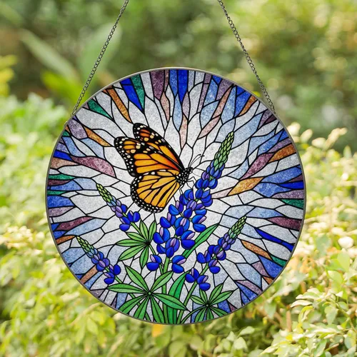 Monarch Butterfly Tiffany Stained Glass Lupine Flower Mosaic - Jewel Tone Translucent Art Stained Glass Suncatcher