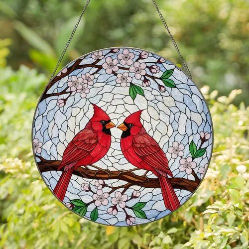 Red Cardinal Cherry Blossom Tiffany Stained Glass Mosaic Bird Branch Nature Art Gift Stained Glass Suncatcher