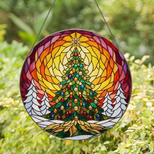 Stained Glass Christmas Tree Evergreen Snow Mosaic Sky Jewel Tones - Festive Holiday Decor Stained Glass Suncatcher