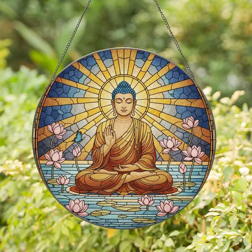 Buddha Figure Lotus Flowers Stained Glass - Tiffany Style Meditation Zen Decor Gift Stained Glass Suncatcher