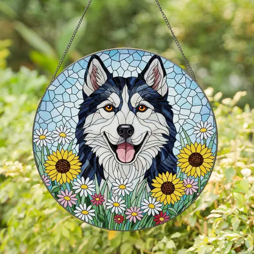 Siberian Husky Dog Wildflowers Daisies Sunflowers Mosaic Sky Stained Glass Art Decor Stained Glass Suncatcher