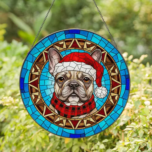 French Bulldog Santa Hat Stained Glass Blue Mosaic - Christmas Dog Lover Holiday Gift Stained Glass Suncatcher