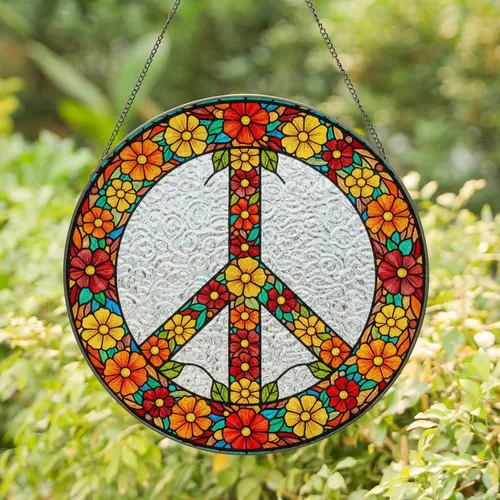 Jewel Tone Tiffany Style Stained Glass Peace Sign Flower Leaf Mosaic Decor Stained Glass Suncatcher