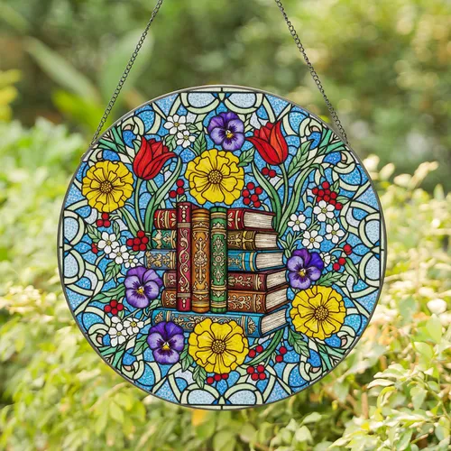 Stacked Old Books Stained Glass with Marigolds Tulips Pansies & Mosaic Patterns Gift for Readers Stained Glass Suncatcher