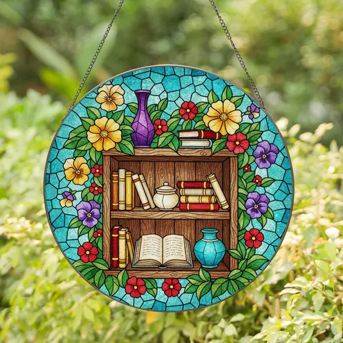 Rustic Three-Tier Stained Glass Bookshelf, Flowers, Open Book & Teal Mosaic Stained Glass Suncatcher