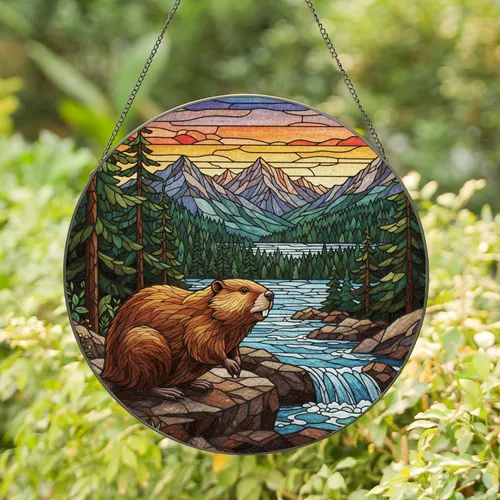 Stained Glass Beaver Mountain River Landscape Artwork - Tiffany Style Evergreen Forest Rapids Stained Glass Suncatcher