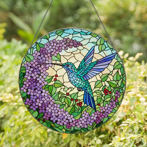 Vibrant Hummingbird Lilac Flowers Tiffany Stained Glass Jewel Tone Garden Mosaic Stained Glass Suncatcher