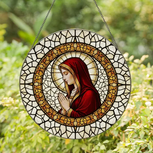 Serene Veiled Woman Prayer Stained Glass Mosaic - Red Robe, Amber Border, Cream White Stained Glass Suncatcher