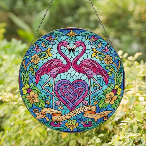 Flamingo Heart Tiffany Stained Glass Tropical Flower Intricate Mosaic Art Jewel Tones Stained Glass Suncatcher