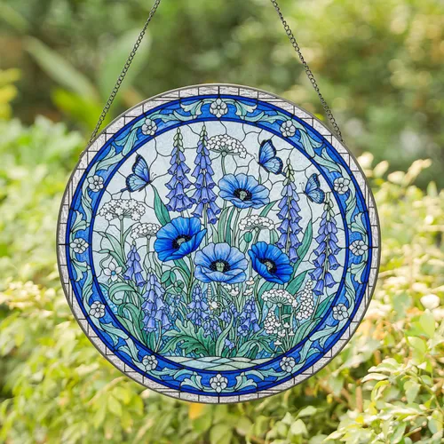 Stained Glass Blue Flower Garden Butterflies - Luminous Textured Glass Art Decor Stained Glass Suncatcher