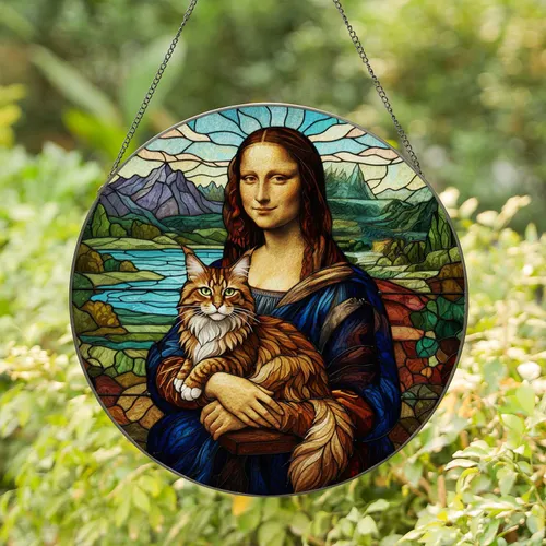 Mona Lisa Maine Coon Cat Stained Glass Art - Tiffany Style Jewel Tone Mosaic Landscape Stained Glass Suncatcher